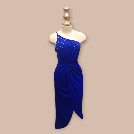 Allurite Pearls Beaded One-Shoulder Wrap Hem Dress