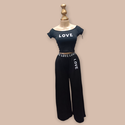 Graphic outfit set - Off Shoulder Tee Contrast Tape Wide Leg Pants